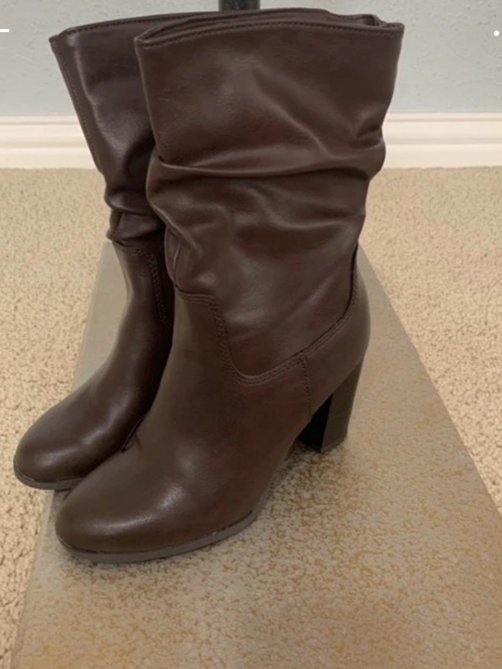 Sara Brown Slouch Block Heel Mid-Calf Boots